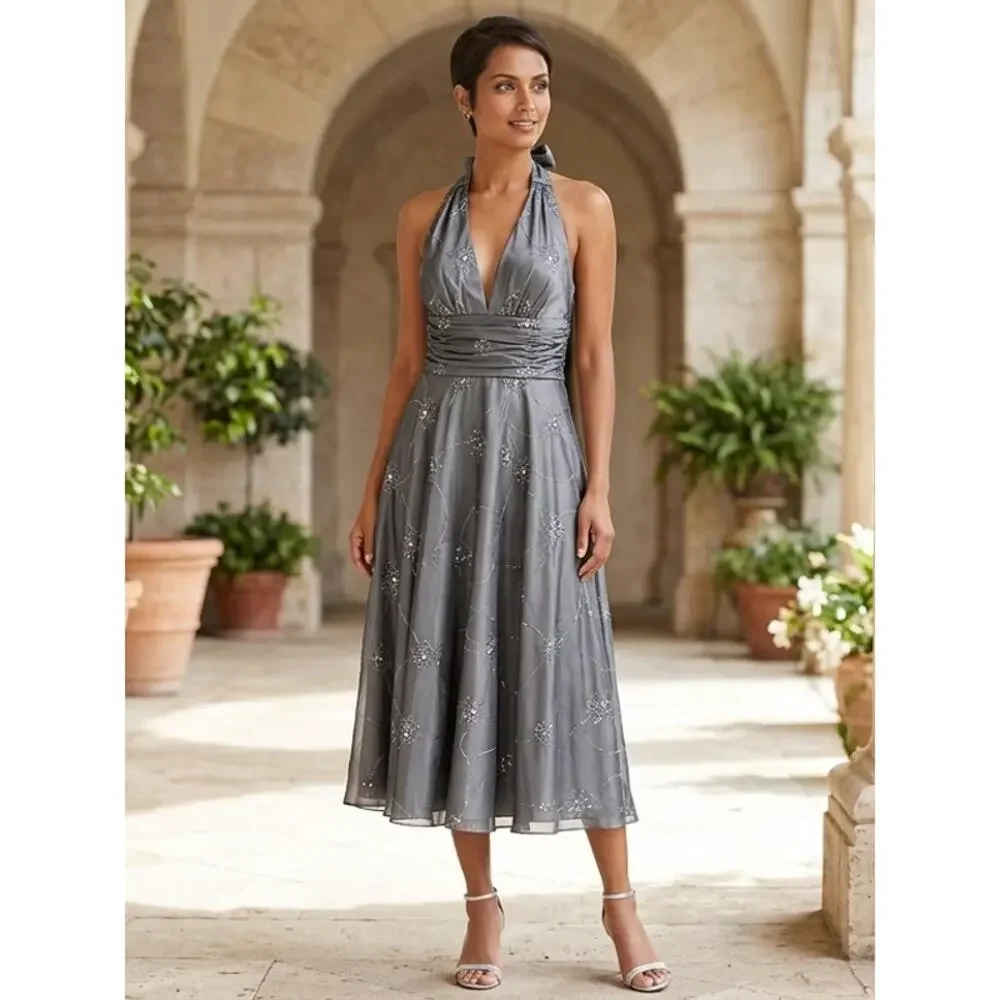 Adrianna Papell Boutique Gray A-Line Midi Dress Women Size 8